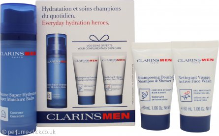 Clarins Men Everyday Hydration Gift Set 50ml Super Moisture Balm + 30ml Shampoo & Shower Gel + 30ml Active Face Wash