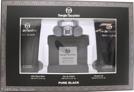 Sergio Tacchini Pure Black Gift Set 3.4oz (100ml) EDT + 3.4oz (100ml) Shower Gel + 3.4oz (100ml) Aftershave Balm