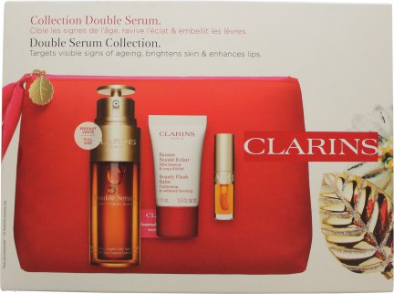 Clarins Double Serum Gift Set 1.7oz (50ml) Double Serum + 0.5oz (15ml) Beauty Flash Balm + 0.1oz (2.8ml) Lip Comfort Oil - 01 Honey
