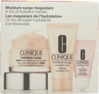 Clinique Moisture Surge Megastars Gift Set 1.7oz (50ml) 100H Auto-Replenishing Hydrator + 1.0oz (30ml) Overnight Mask + 0.2oz (7ml) Lip Hydro-Plump Treatment